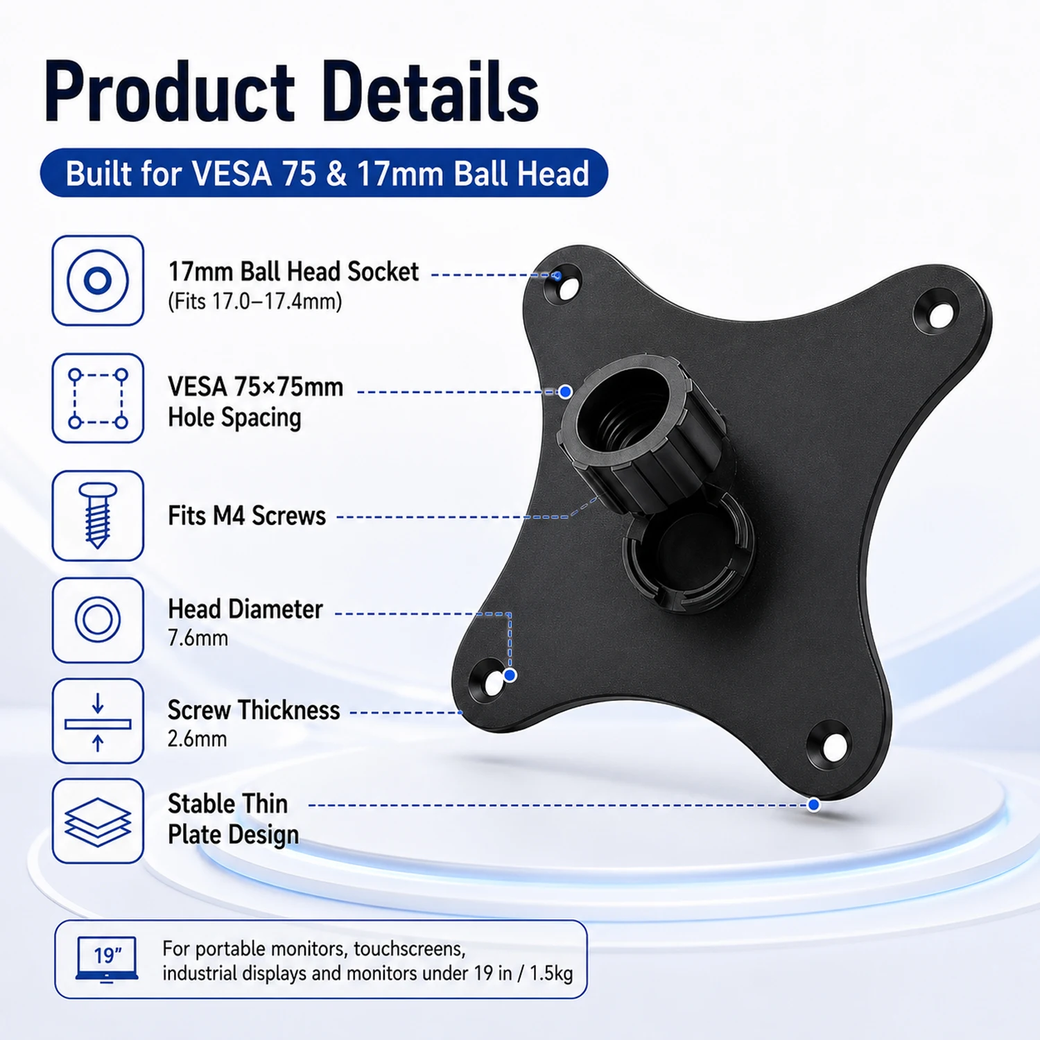 Portable Monitor Bracket for Vesa 75 Hole Pitches to Cellphone 17mm Ball Head Screen Touch Monitor Bracket Replacement