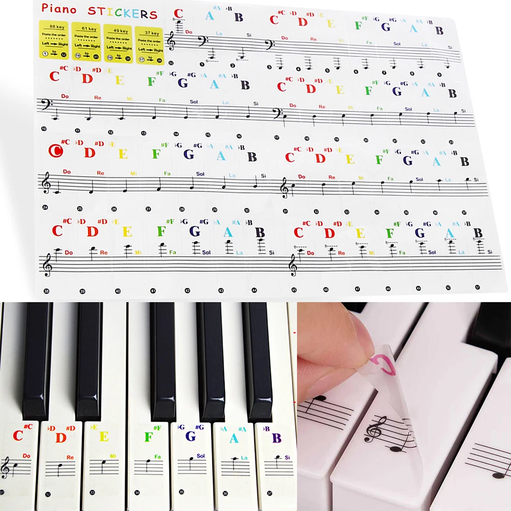 Transparent Piano Keyboard Stickers Colorful Keyboard Stickers Music Decal Note For 88/61/49/37 Keys Beginner