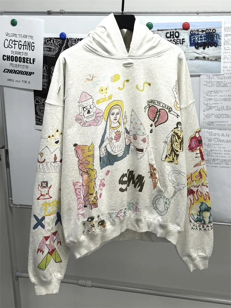

Full Print Graffiti Saint Michael Hoodies Men Women Washed White Hip Hop Oversized Hooded Sweatshirts