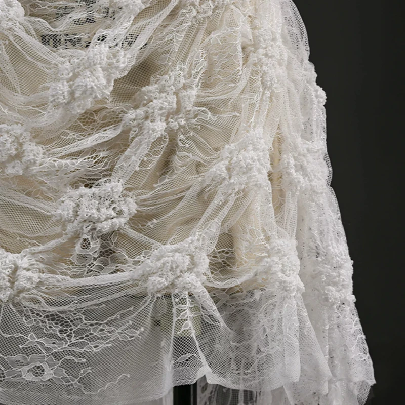 White Pleated Perspective Lace Soft Mesh Fabric Texture Retro Wedding Dress Evening Gown Artistic Clothing Decorative Fabric