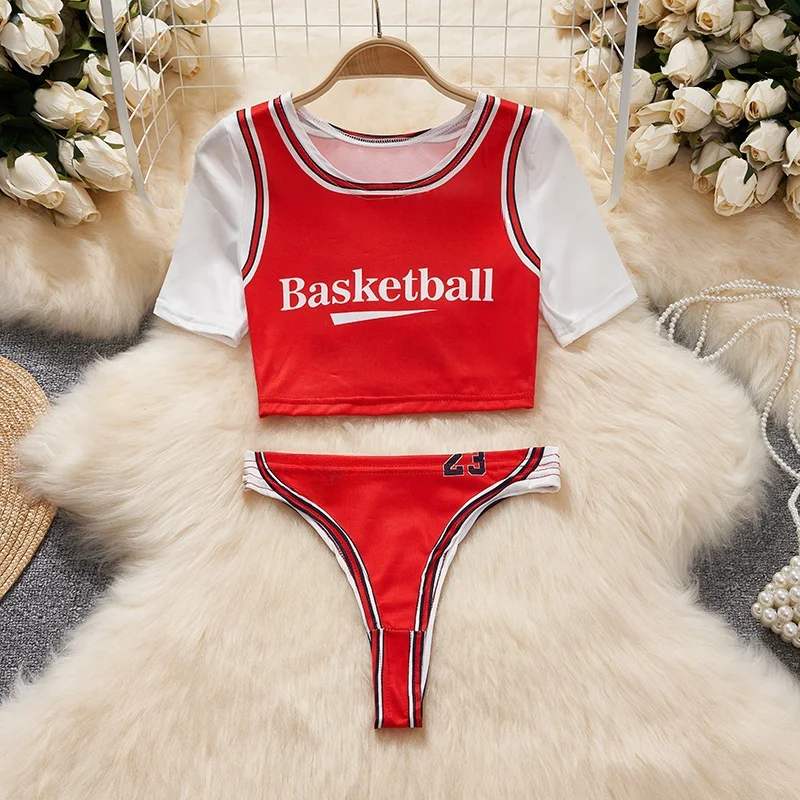 Football Baby Thong 2-piece Suits Basketball Short Sleeve Crop Top Sexy Women Lingerie Cosplay Sport Uniform Skinny Set Print