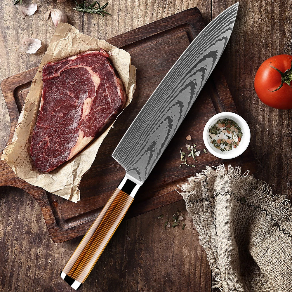 Chef Knife 8inch Damascus Laser Patter Carbon Stainless Steel Kitchen Knife&Cooking Knife for Cutting Meat Vegetables Fruit