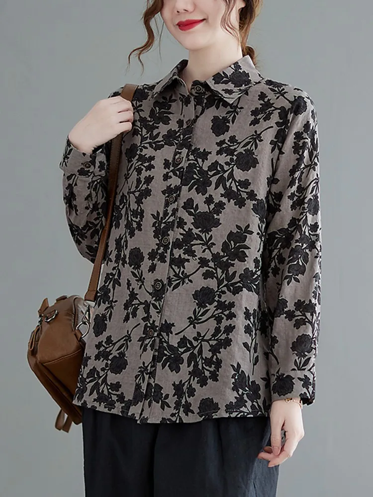 Women Long Sleeve Casual Shirts New 2022 Spring Vintage Style Floral Print All-match Loose Female Cotton Tops Shirt B1697