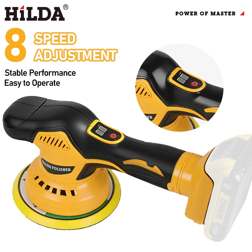 

HILDA Автомобильный полировальный станок Автомобильный восковой полировщик 8-ступенчатый цифровой дисплей Беспроводной электрический полировщик для аккумулятора Dewalt