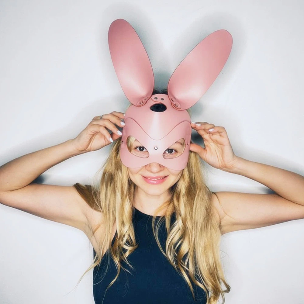 토끼 마스크 토끼 귀 반 마스크 여성용 핑크 PU 가죽 코스프레 의상 파티 가면 무도회 할로윈 바 게임