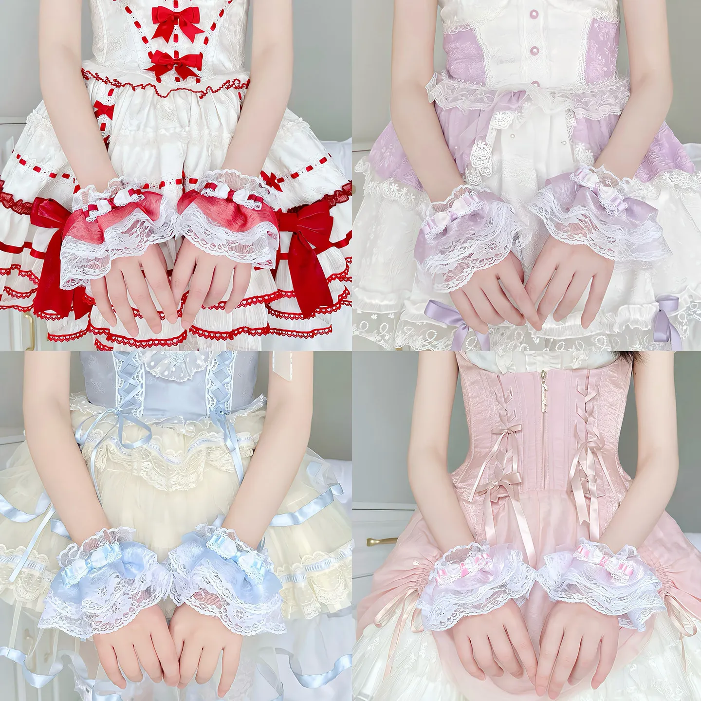 mangas-de-renda-multicoloridas-feitas-a-mao-com-laco-e-flor-para-meninas-mangas-lolita-em-rosa-azul-e-roxo