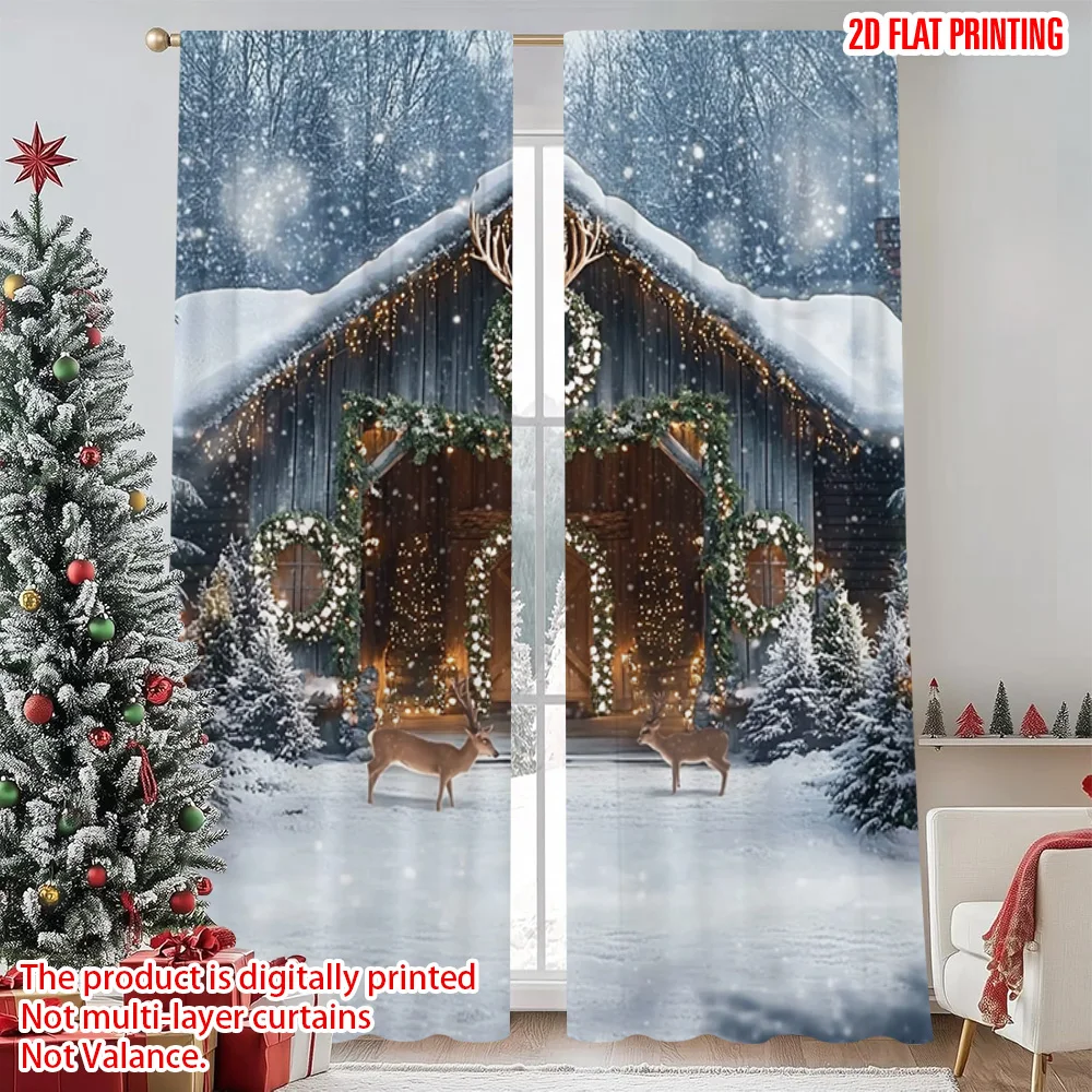 

2pcs 2D flat printing Merry Christmas Popular Curtain winter igloo Machine Washable Polyester Without Electricity Festive