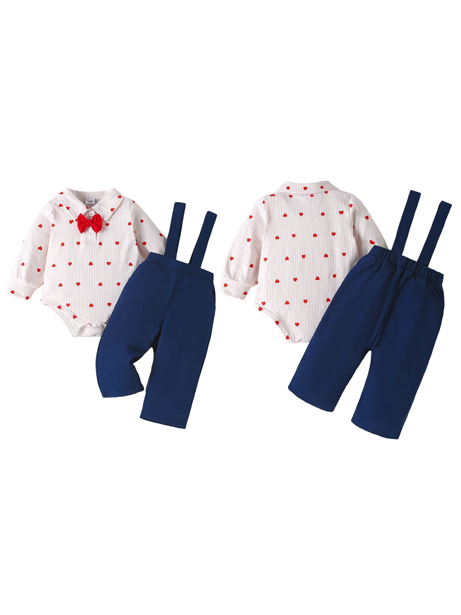 

2Pcs Baby Boy Formal Wear Set with Long Sleeve Lapel Neck Shirt Romper Bowtie Suspender Pants - Gentleman Outfit