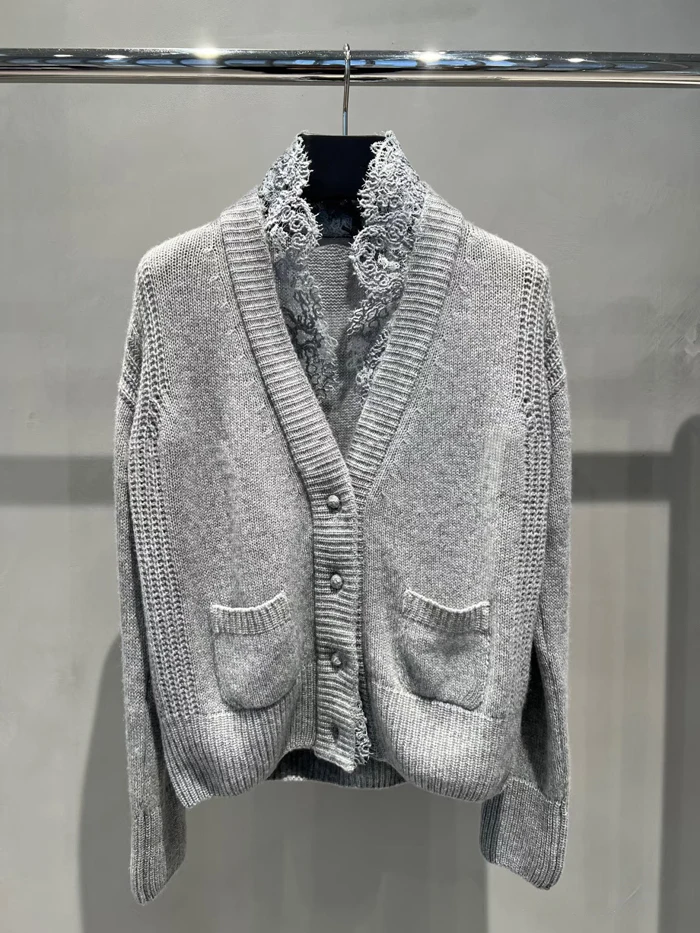 Elegant Women's Cashmere Cardigan V Neck Lace Trim Long Sleeve Knit Sweater Casual Fall Winter Top Grey