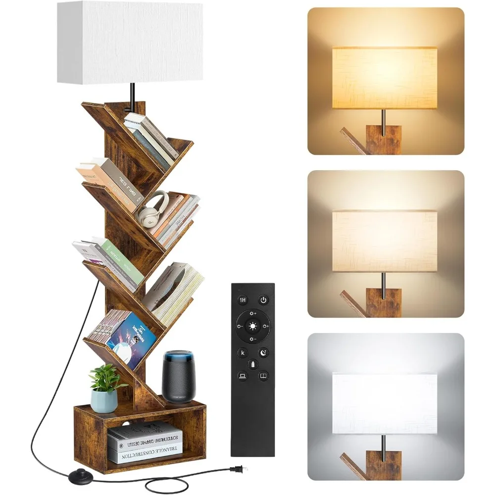 

6 Tier Tree Bookshelf with Light & Remote, Small Bookcase with Storage Cabinet, Modern Narrow Corner Bookshelves Organizer, Tall