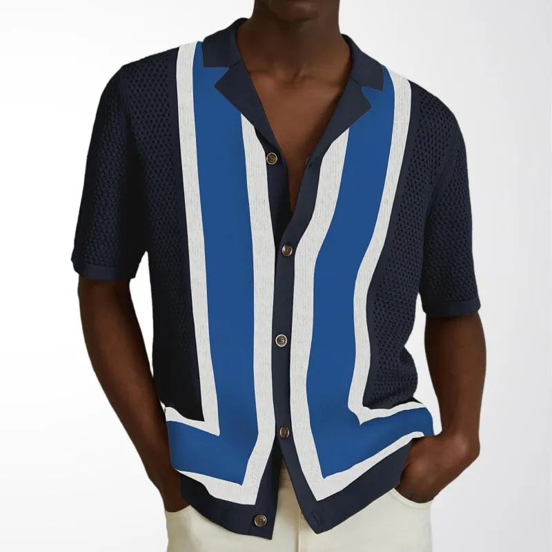 

Мужская летняя новая полосатая вязаная рубашка-поло с цветовыми блоками, с отложным воротником, коротким рукавом и вырезами