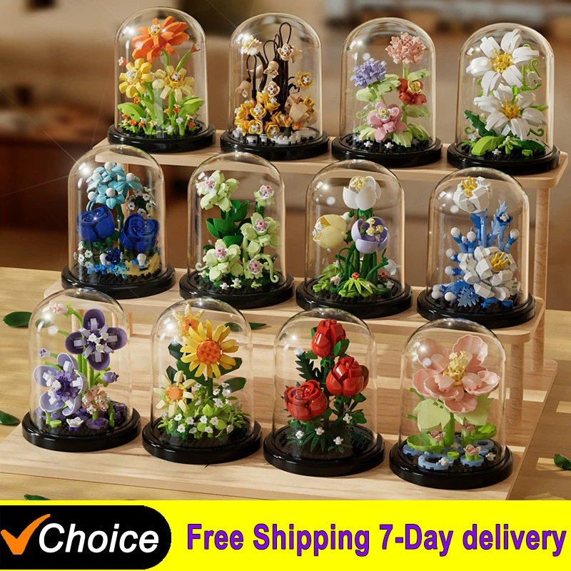 Christmas Potted Building Block Simulation Succulent Bouquet Creative Puzzle Building Block Eternal Flower Home Decoration Rose