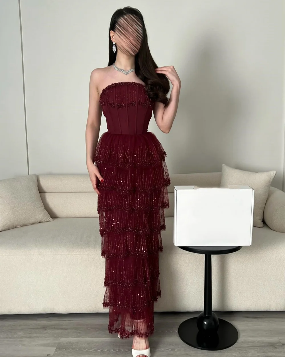 

Customized Modern Style Women Tulle Sequined Ruched Straight Evening Dresses Sparkle Strapless Sleeveless Ankle Length Dresses