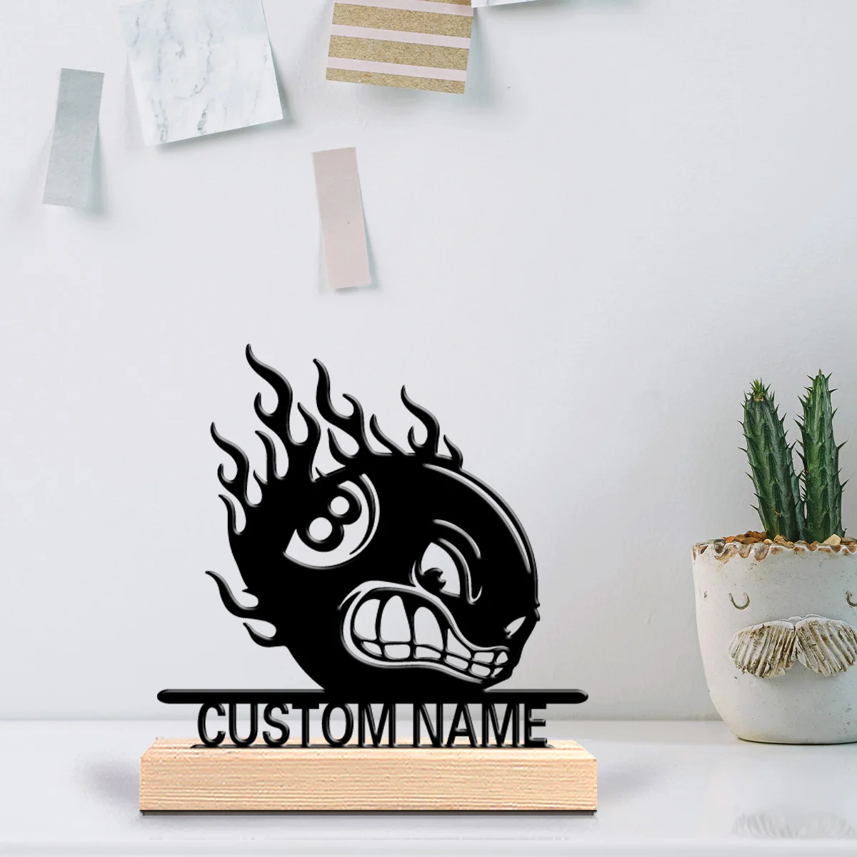 1pc Romantic Personalized Custom Flame Anger 8-Ball Theme Metal Statues Outdoor Desk Sculpture With Wooden Base Ideal For Camper