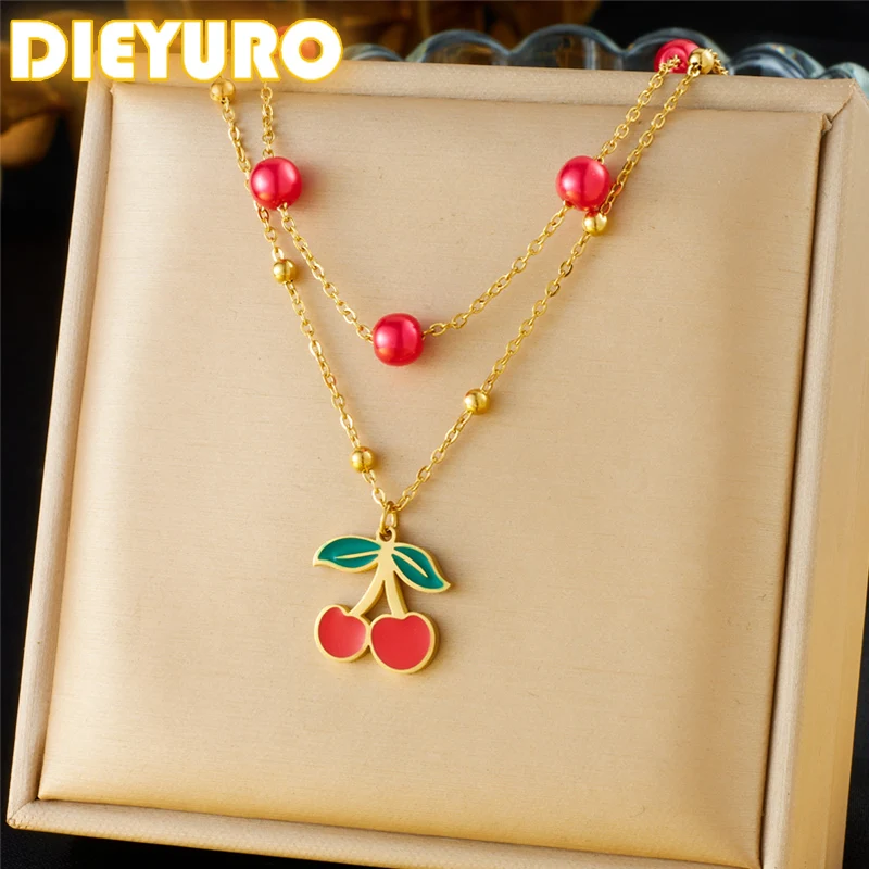 DIEYURO 316L Stainless Steel Red Beaded Cherry Pendant Pendant Double Layer Necklace For Women New Trend Neck Chain Jewelry Gift