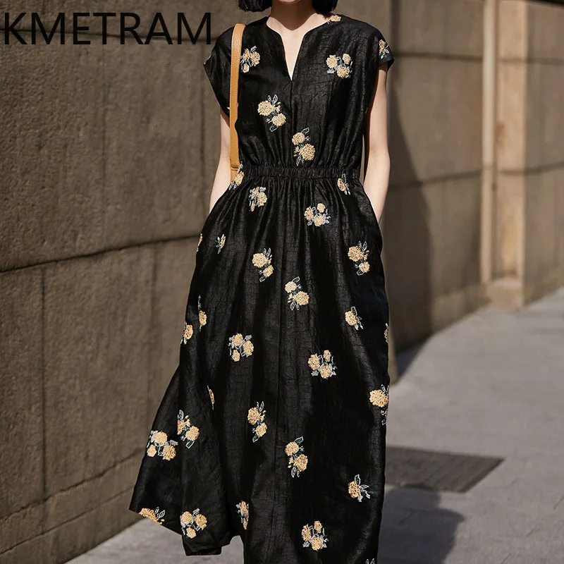 KMETRAM Mulberry Silk Long Dresses for Women High-end Little Black A-line Dress Xiangyunsha Embroidery Summer Clothing Vestidos