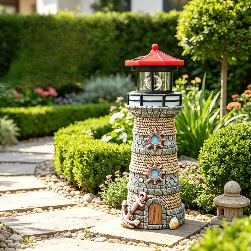 Phare solaire d'extérieur, statue de jardin, balise rotative automatique, installation sans fil, décoratif, pour patios, porches, pelouses et cours.