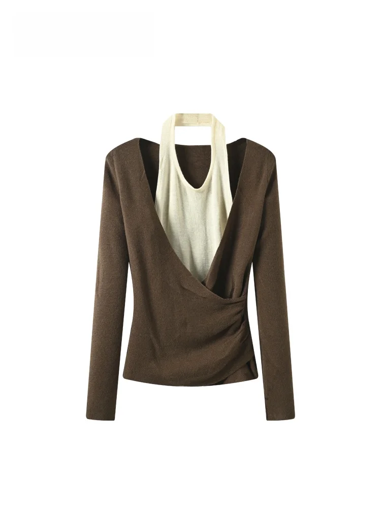 

plus Size Women's Long Sve Knitted Sweater Ne Hanging Spring Faion Meat Concealing Slimming Fake Two-Piece Top