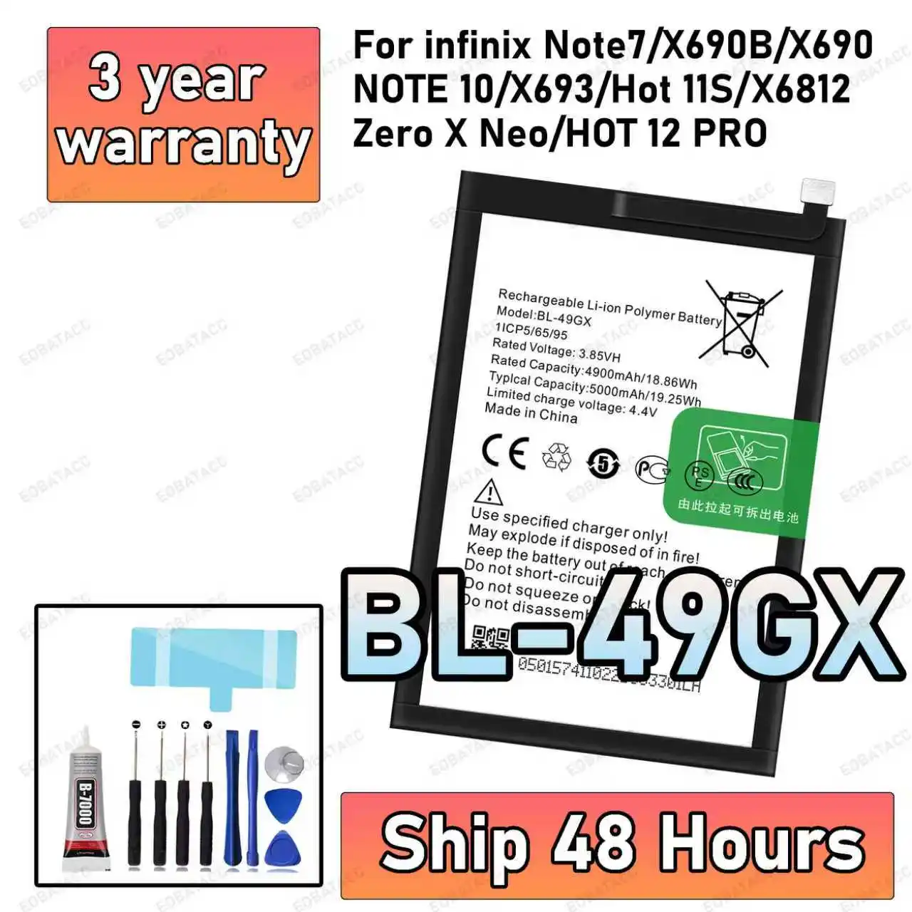 

100% New High Quality BL-49GX Battery For infinix Note 7/X690B/X690/ NOTE 10/HOT 11S/ HOT 12 Pro Replacement Batteria +Free Tool