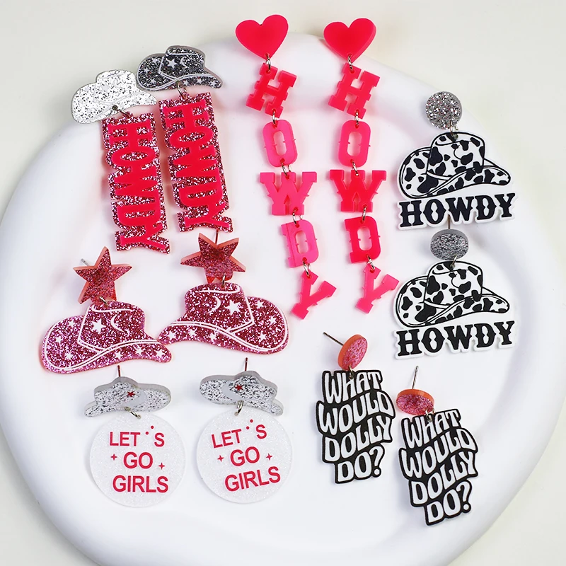 Western Letter HOWDY Star Cowboy Hat Acrylic Earrings For Women Vintage Disco Ball Cow Pattern Boots Drop Dangle Earring Party