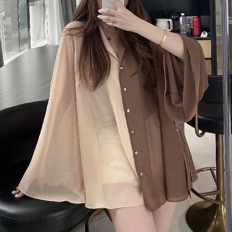 Women Y2K Contrast Color Patchwork Sexy Sheer Vintage Shirts Trendy Harajuku Streetwear Oversized Blouse Simple Long Sleeve Tops