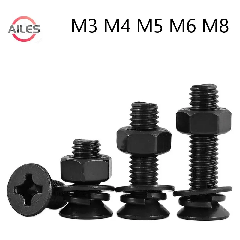 M3 M4 M5 Black 304 Stainless Steel Cross Recessed Countersunk Philips Flat Head Bolts with Washers Muts Screws