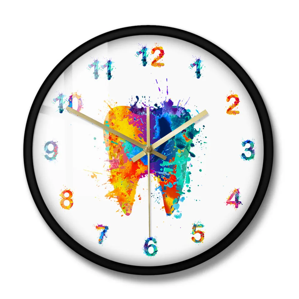 Watercolour Tooth Shaped Art Printed Wall Clock Dental Clinic Office Decor Timepieces Dentistry Wall Watch Orthodontist Gift