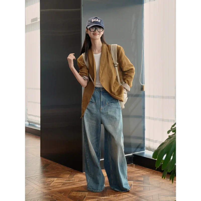 Ramie Lapel Blazers Women Suit Early Autumn Loose Casual Jackets Female Korean Thin Coats Simple Wide Shoulder Fashion Clothing