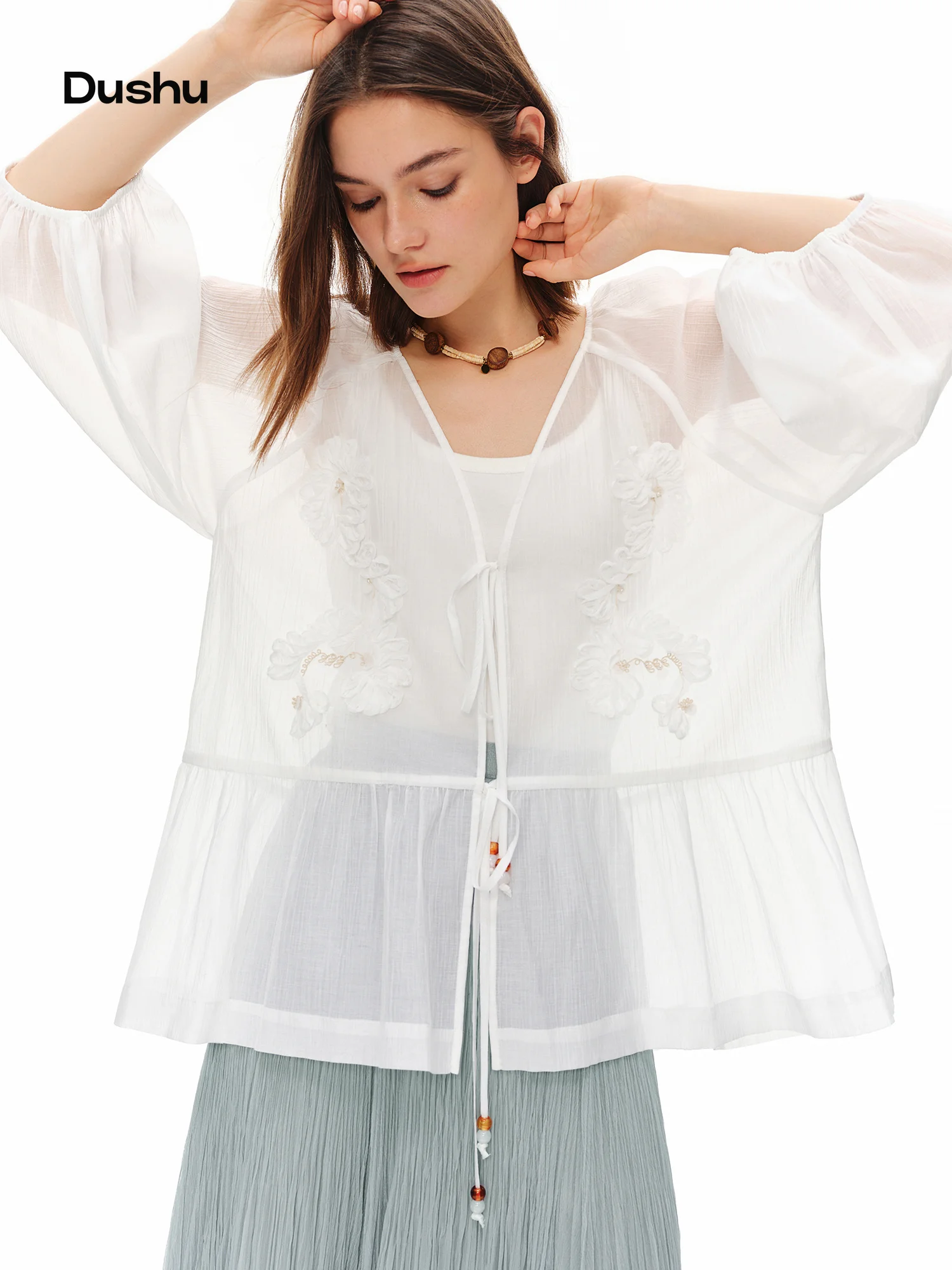 DUSHU Sommer-Cardigan mit V-Ausschnitt und Stickerei, lockere Laternenärmel, halbfeste, geflochtene Stickerei-Bluse für Damen, Baumwolle, lässige Oberbekleidung