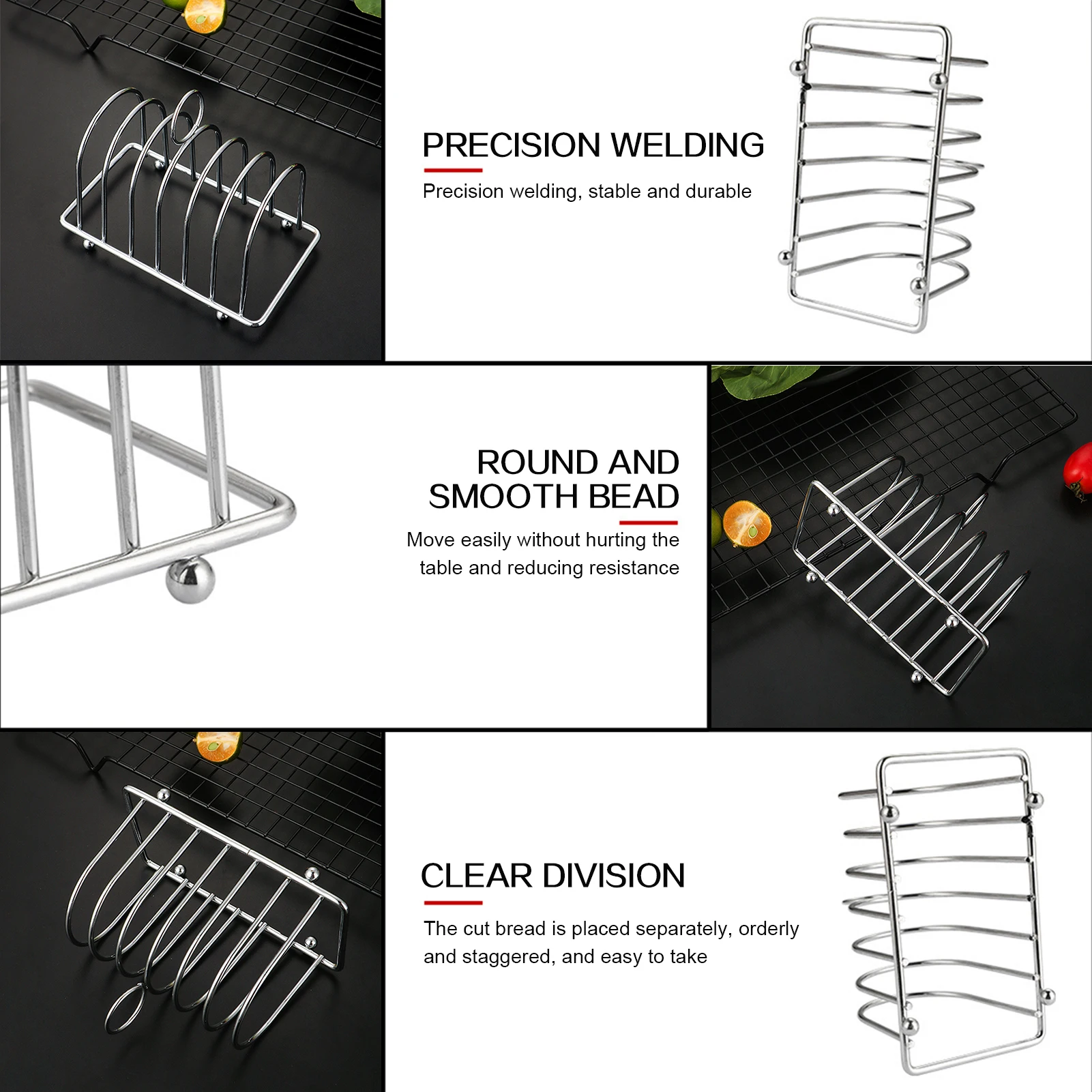 رف حامل الخبز والخبز المحمص ، 6 فتحات ، قدم كروية ، مقبض حمل ، قطع خبز تقديم