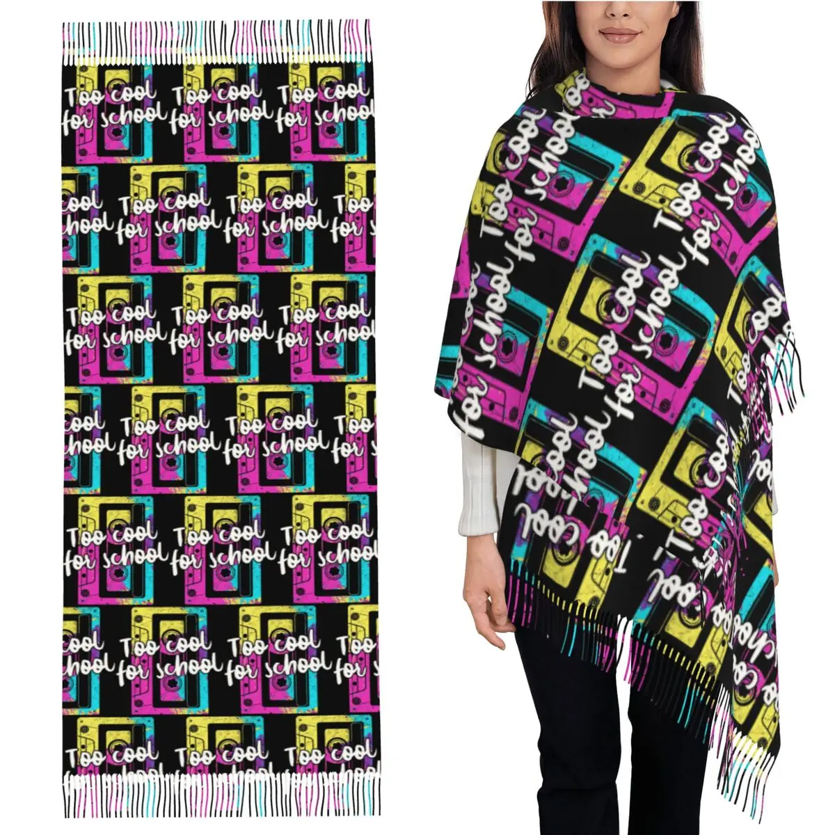 

Funny Back To School Cool Cassette Tape Scarf Tassel Scarves Women Soft Warm Shawls and Wraps Large Fall Winter Shawl Wrap
