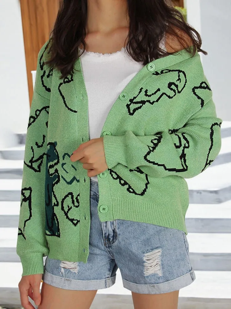 

Autumn Clothes Woman Pulls Femmes Long-sleeved Sweater New Coat Loose Cartoon Dinosaur Cardigan Simple Style Comfortable Trendy