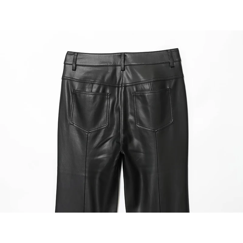 YENKYE بنطال جلدي صناعي غير رسمي على الطراز الأوروبي والأمريكي للنساء بخصر عالٍ مع جيوب بنطلون مضيئة للخريف والشتاء