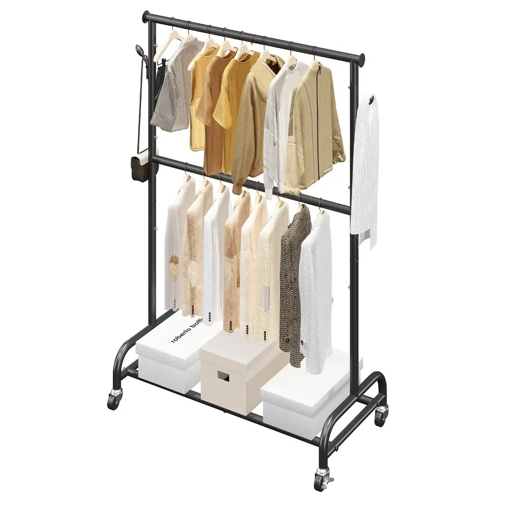 Heavy Duty Carbon Steel Clothing Rack 150 Lbs Load Capacity Adjustable Crossbar Side Hooks Rolling Wheels for Bedroom Living