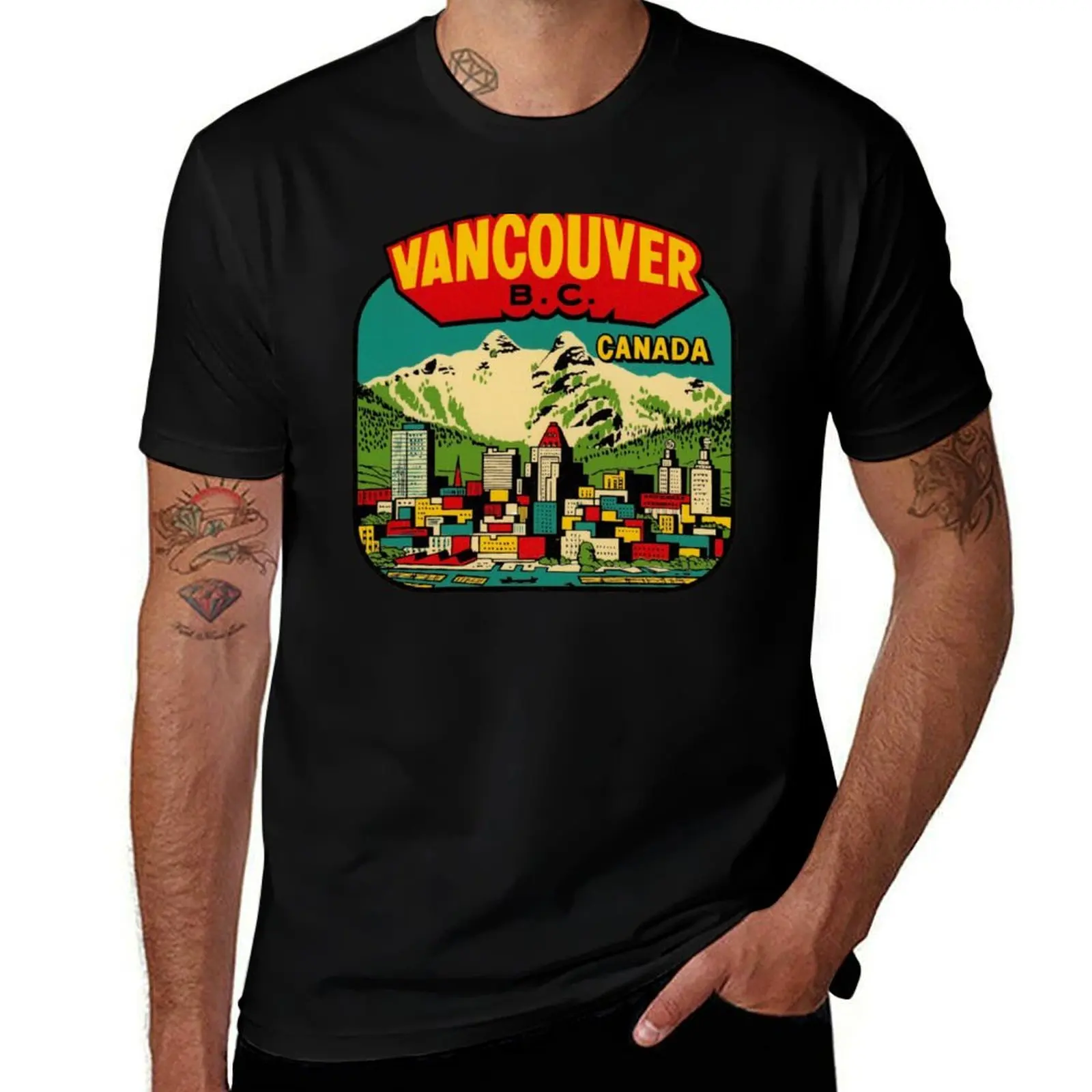 

Downtown Vancouver BC Vintage Travel Decal T-Shirt t shirt man plain man t shirt heavy cotton T-Shirt