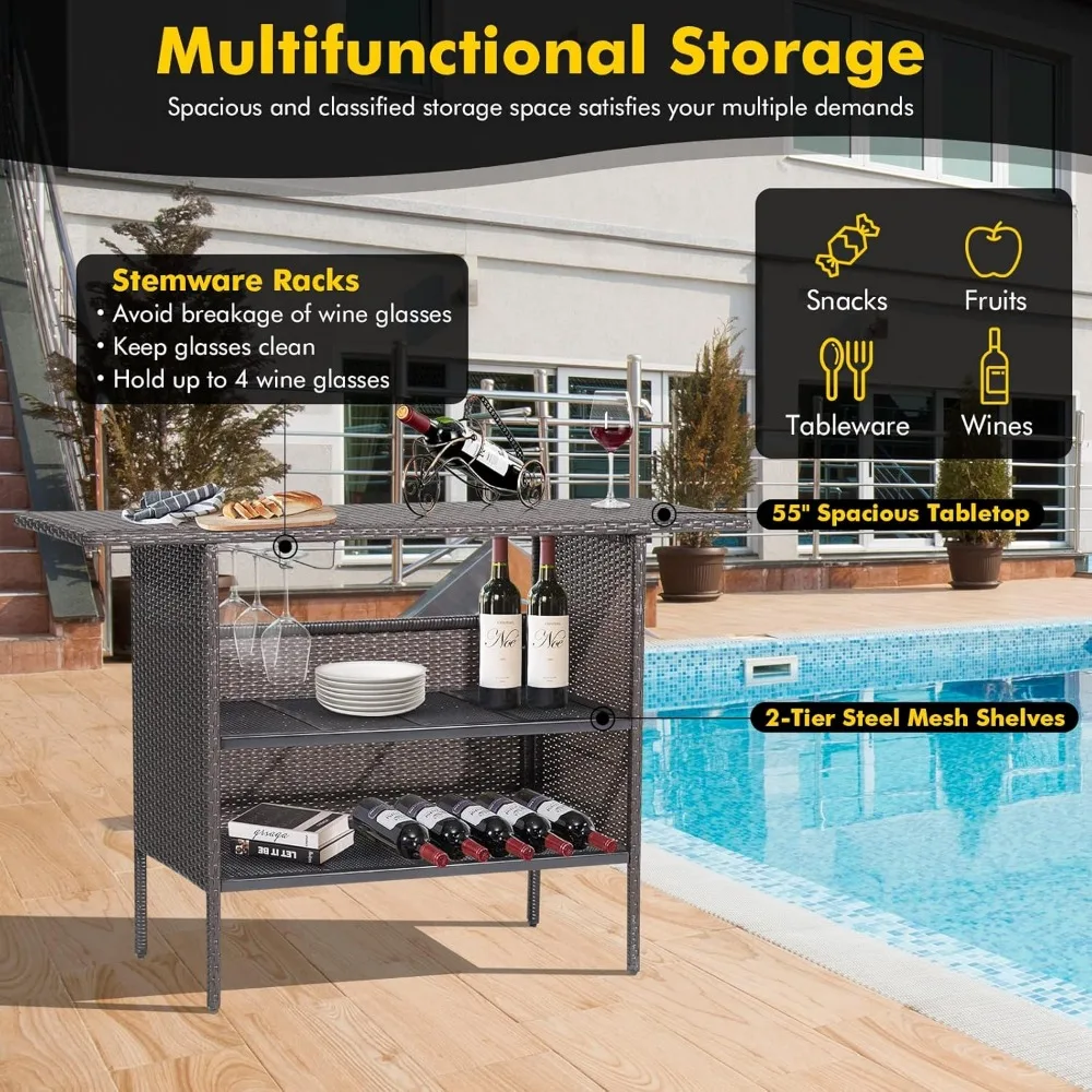 طاولة بار من الخيزران للفناء الخارجي، رفوف تخزين، سطح طاولة 55 بوصة، قضبان لتعليق كؤوس النبيذ، إطار معدني شديد التحمل، صدر