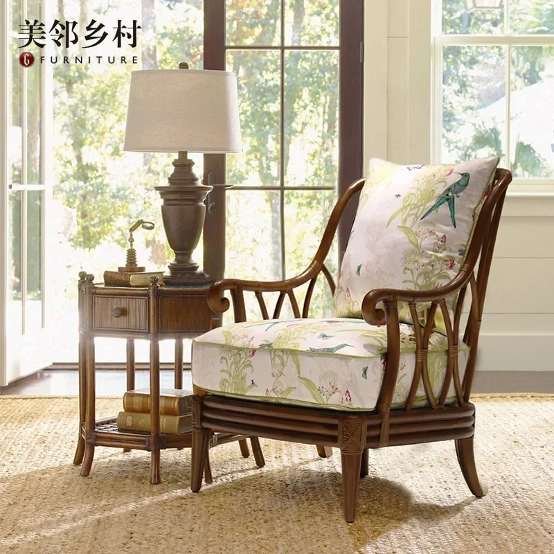 

American Modern Bamboo Rattan Solid Wood Single Sofa Living Room Leisure Courtyard Rattan Chair Balcony Chair Step