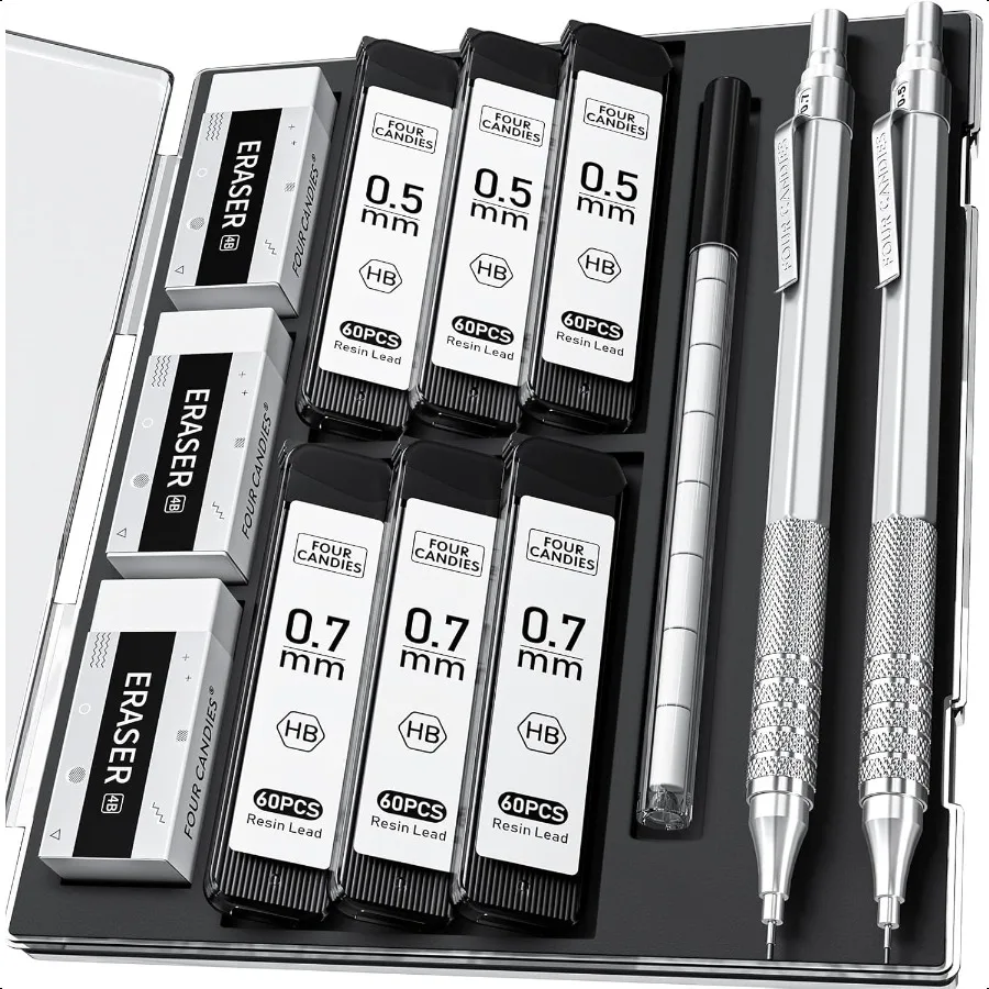 

Набор металлических механических карандашей из 2 шт. в футляре, 0,5 мм, 0,7 мм, художественный карандаш с 6 трубками, 360 шт., стержни HB, 3 ластики, 9 ластиков R