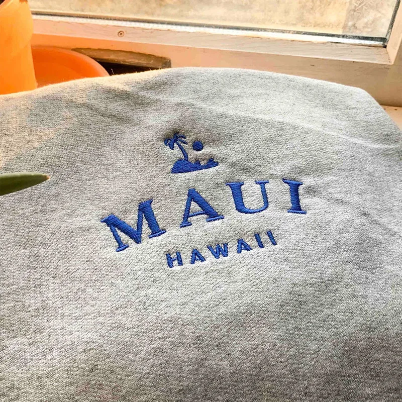 Maui Hawaii Embroidered Gray Sweatshirts Long Sleeve Loose Men Women Autumn Casual Clothes Vintage Style Unisex Cotton Pullovers