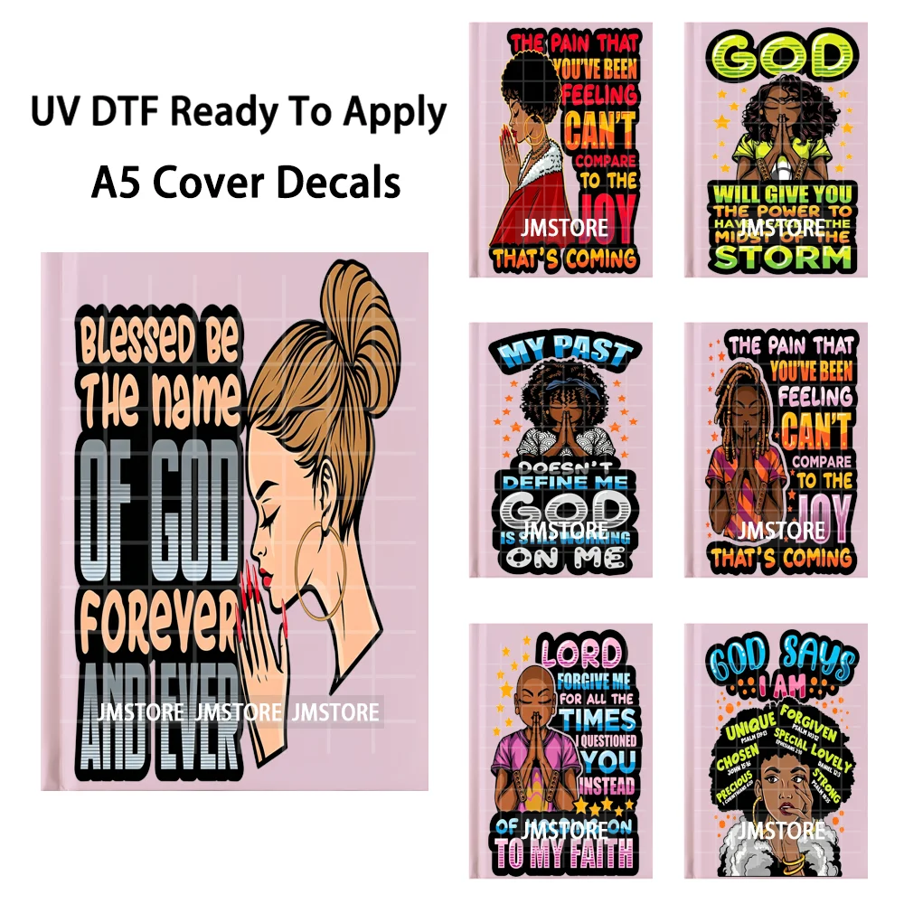 Faith Based Praying Melanin Queen UV DTF Notebook Cover Decals Custom Ready To Apply Durable Transfer Stickers For A5 Journal
