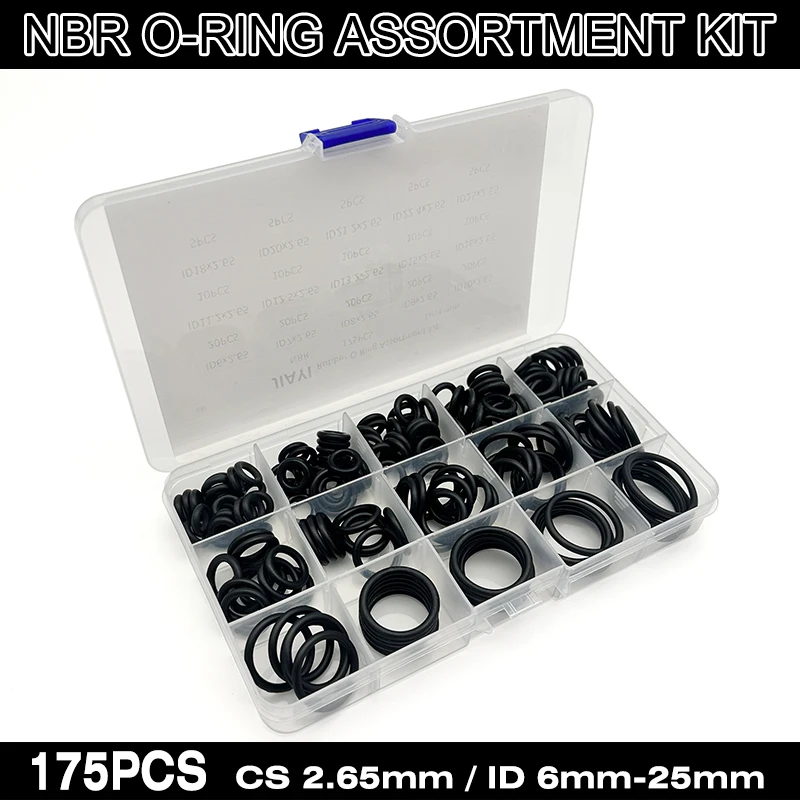 

175Pcs NBR O-Ring Assortment Kit CS 2.65mm ID 6-25mm Oil-Resistant Nitrile Seals Machinery Pneumatic Tools Home Plumbing Washers