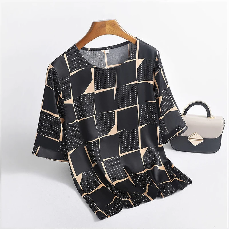 Elegant Fashion Plaid Print Women\'s Clothing Summer 2022 Short Sleeve T-shirt Fashionable O Neck Elasticity Hot Selling Tops