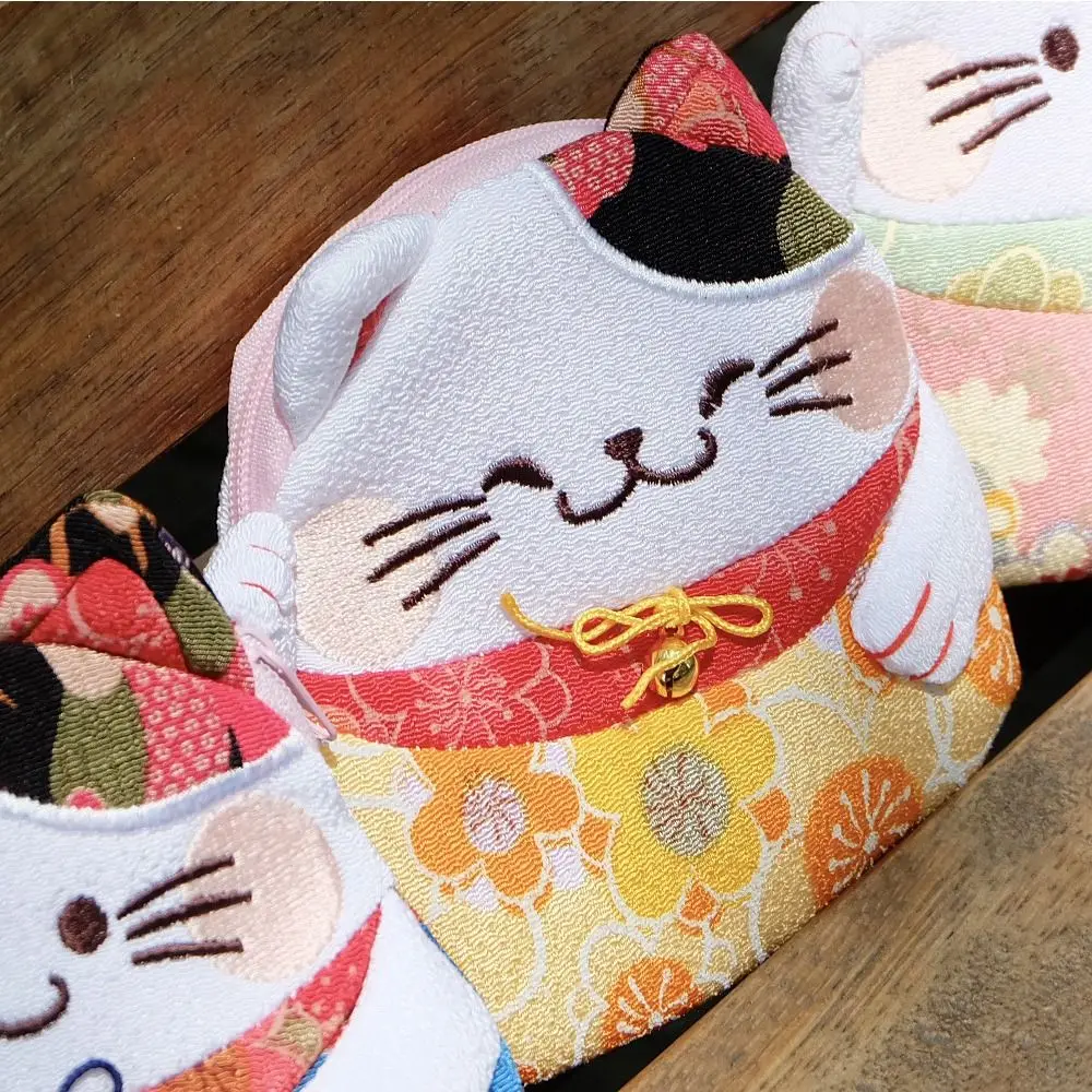 Casual estilo japonês maneki neko moeda bolsa flor impressão zíper gato sorte saco de embreagem saco de armazenamento carteiras titular do cartão feminino