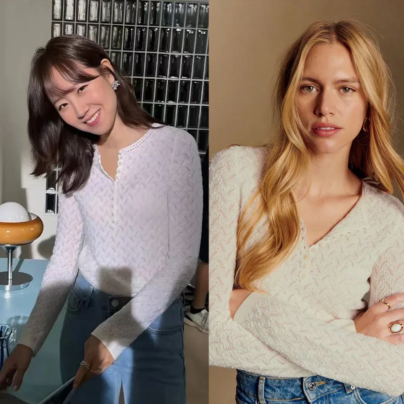 

【Gift Free】2025 Autumn Winter Elegant Hollow Out Cashmere Crochet Floral Round Neck Multi-Button Women’s Sweater