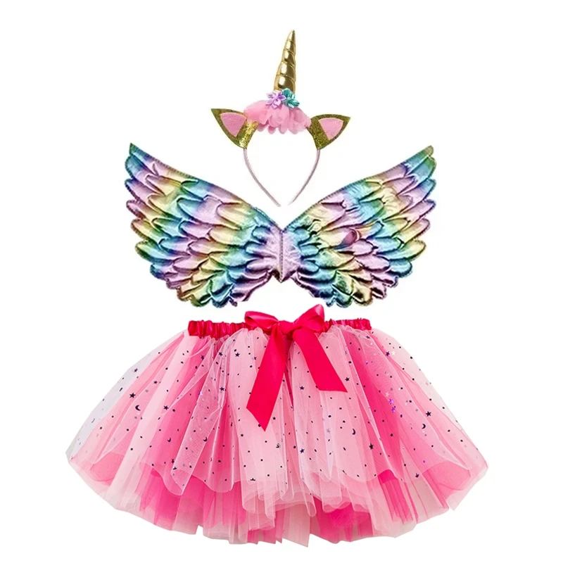 Girl Birthday Party Costumes Unicorn Horn Headband Cute Fairy Wing and Sparkle Tutu Skirt Set for Princess Cosplay Kids Outfits