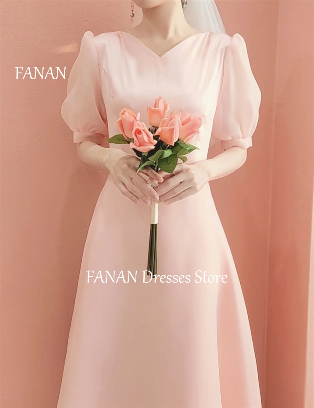 Fanan V-Ausschnitt Organza kurze Ärmel einfache Abend party Kleider Vintage Korea rosa Hochzeit Frauen formelle Kleider Event Ballkleider