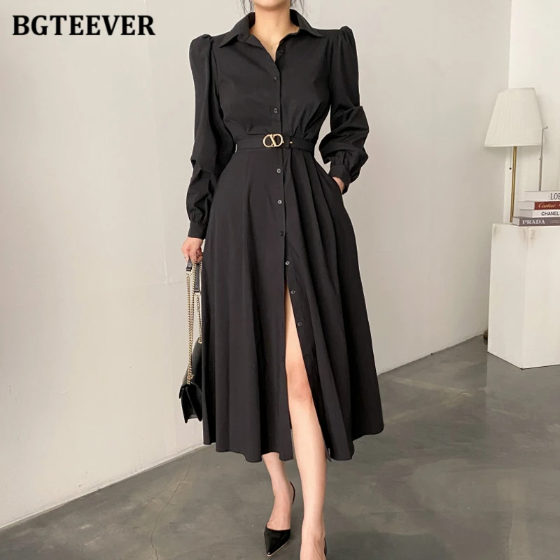 BGTEEVER Vintage Turn-down Collar Single-breasted A-line Dress Women Elegant Long Sleeve Belted Slim Waist Female Dress vestidos