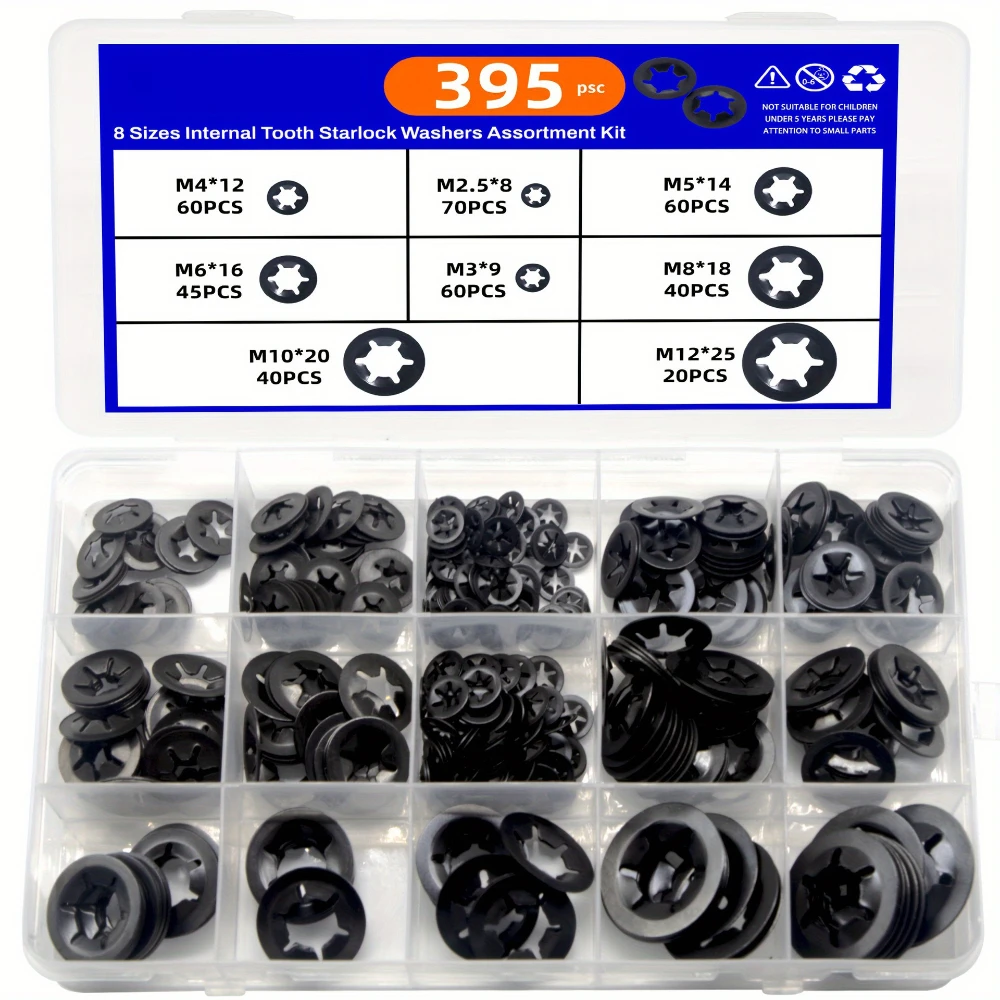 

395pcs Manganese Steel Washers M2.5-M12 Internal Tooth Star Lock Washers Black Bearing Fixtures Plum Blossom Retaining Rings