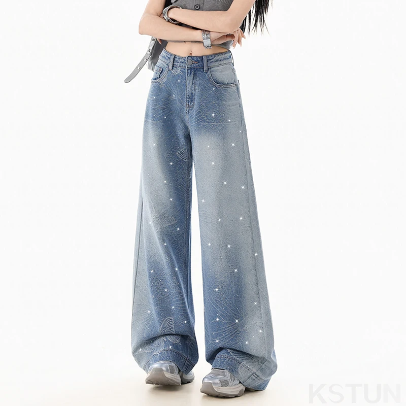 KSTUN Women's Sparkly Butterfly Print High Waist Baggy Wide Leg Jeans - Y2K Streetwear Denim Pants with Rhinestones & Glitter