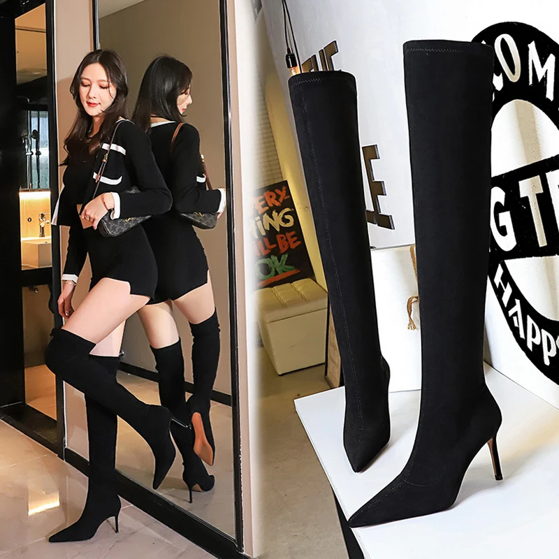 BIGTREE Shoes Sexy Over-the-knee Boots Women 8.5 Cm High Heel Boots Suede Long Boots Plush Warm Autumn Winter Boots Size 34-43